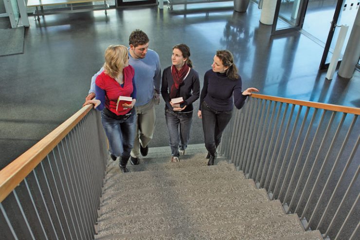 lehrerinnnen und lehrer gehen schultreppe hoch, foto: referat fuer bildung und sport