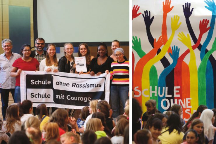 schule ohne rassismus, schulklasse mit banner auf der buehne, foto: paedagogisches institut