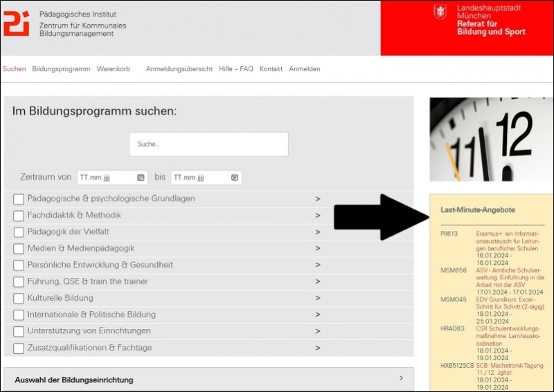 Screenshot der Suchfunktion im Fortbildungskatalog des PI-ZKB und der Last-Minute-Angebote-Info-Box