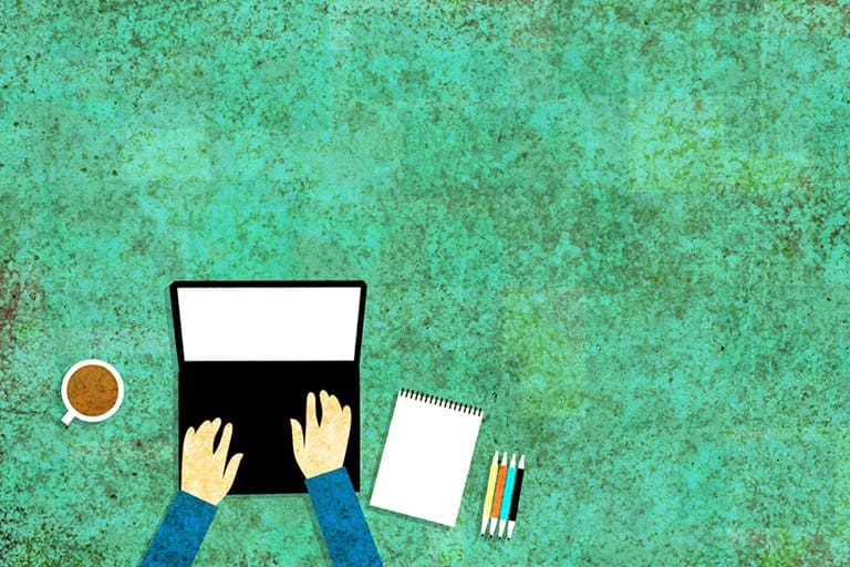 Illustration mit Laptop, Notizblock, Stiften und einer Tasse Kaffee auf grünem Hintergrund, Foto: PIZKB