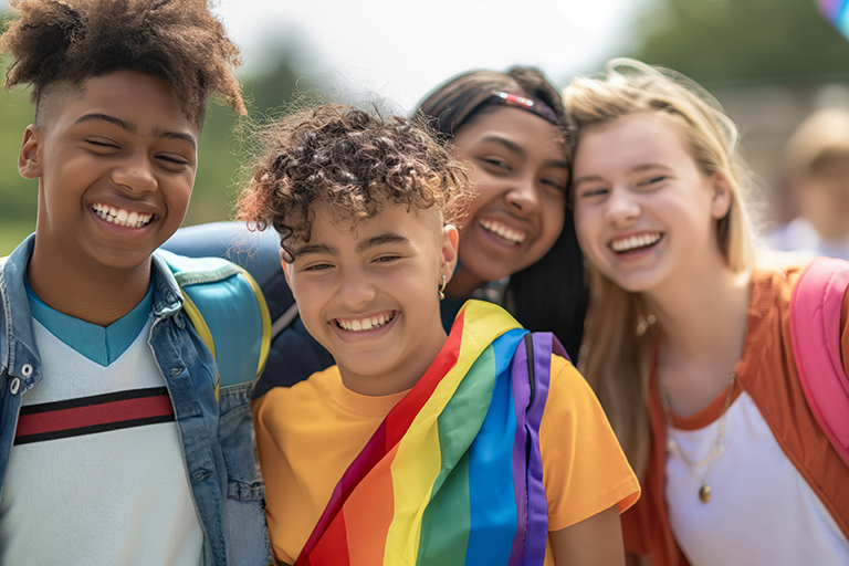 Vier Schüler*innen stehen fröhlich lachend nah beieinander, eine der Personen trägt eine Regenbogenflagge über der Schulter; © AdobeStock, Anastasia Knyazeva, unterstützt durch KI